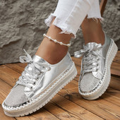 Pantofi de modă cu strasuri pentru femei, mărime mare 43, pantofi de mers pe jos, cu fundul gros, pantofi de bord cu șireturi, Pantofi Deporte Mujer, alb