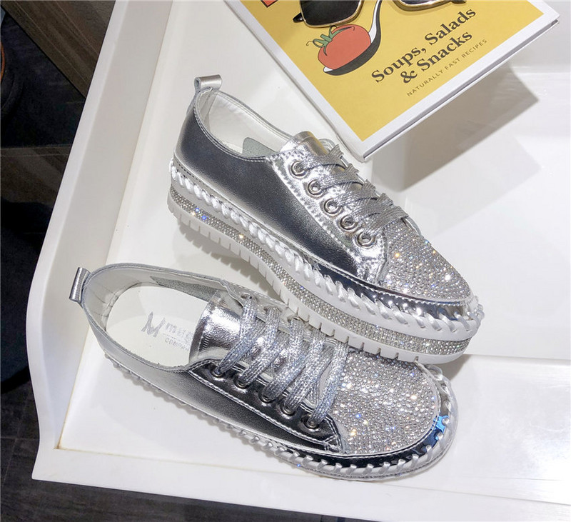 Pantofi de modă cu strasuri pentru femei, mărime mare 43, pantofi de mers pe jos, cu fundul gros, pantofi de bord cu șireturi, Pantofi Deporte Mujer, alb