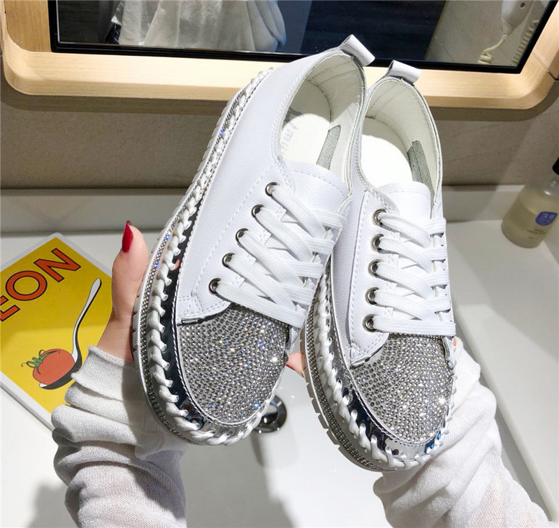 Pantofi de modă cu strasuri pentru femei, mărime mare 43, pantofi de mers pe jos, cu fundul gros, pantofi de bord cu șireturi, Pantofi Deporte Mujer, alb