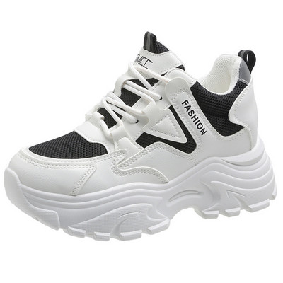 Pantofi cu tocuri ascunse de culoare amestecată pentru femei, plasă respirabilă, care crește înălțimea, pantofi vulcanizați, pantofi sport cu șireturi, cu platformă