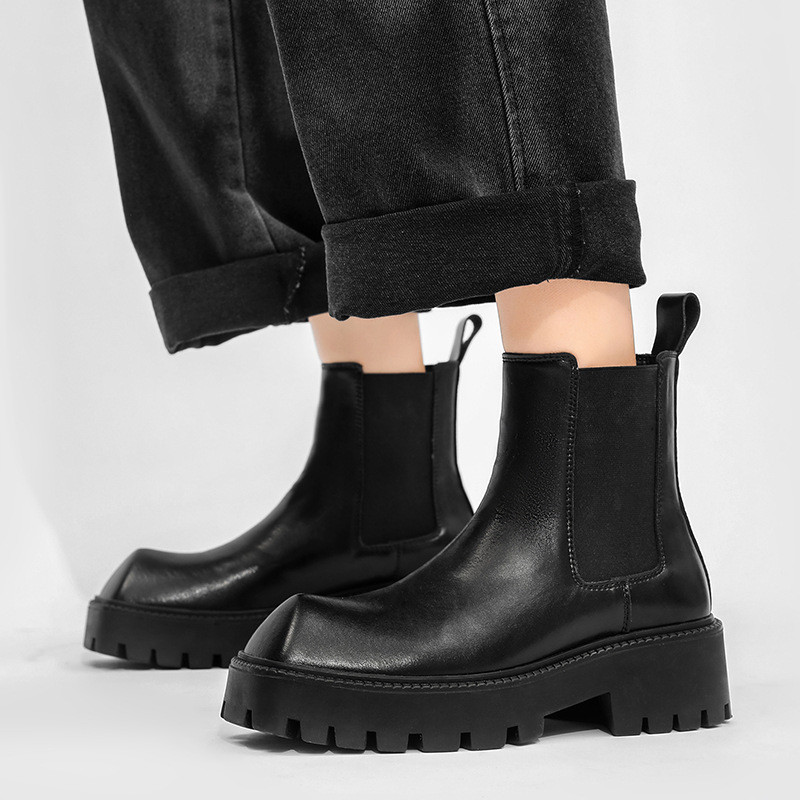Cizme cu platformă de design Cizme chelsea cu vârf pătrat pentru bărbați Cizme cu gleznă din piele pentru bărbați.