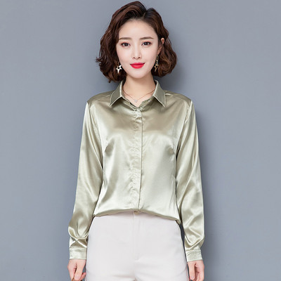 Cămașă de lucru elegantă pentru femei de birou, bluză cu mânecă lungă cu rever, nasturi ascunși, cămașă de bază din mătase satinată strălucitoare, topuri pentru femei