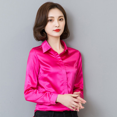 Cămașă de lucru elegantă pentru femei de birou, bluză cu mânecă lungă cu rever, nasturi ascunși, cămașă de bază din mătase satinată strălucitoare, topuri pentru femei