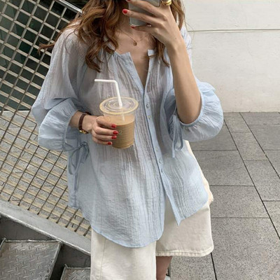 Bluză din șifon cu mânecă lungă, cu gâtul O, cămașă super subțire, cu protecție solară, bluză coreeană largi Bluza 10349