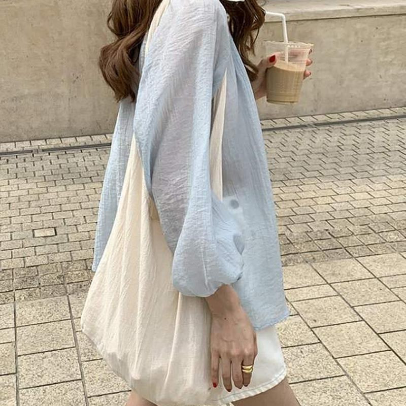 Bluză din șifon cu mânecă lungă, cu gâtul O, cămașă super subțire, cu protecție solară, bluză coreeană largi Bluza 10349