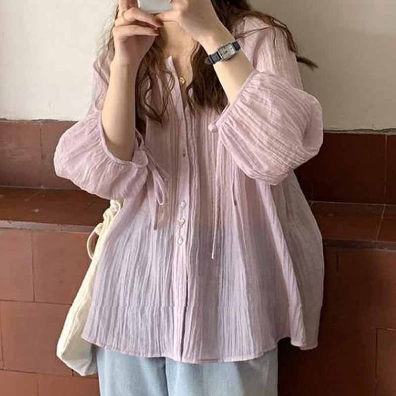 Bluză din șifon cu mânecă lungă, cu gâtul O, cămașă super subțire, cu protecție solară, bluză coreeană largi Bluza 10349