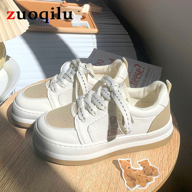 Γυναικεία πάνινα παπούτσια για skateboarding kawaii bear patchwork γυναικεία αθλητικά παπούτσια casual παπούτσια λευκά κορδόνια μέχρι βουλκανισμένα γυναικεία παπούτσια
