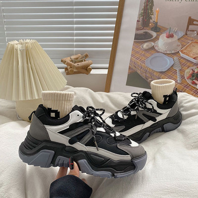 Toamnă, primăvară, pantofi tenis casual pentru femei, pantofi cu platformă la modă, cu șireturi, pantofi de tenis pentru femei, în aer liber, încălțăminte vulcanizată neagră