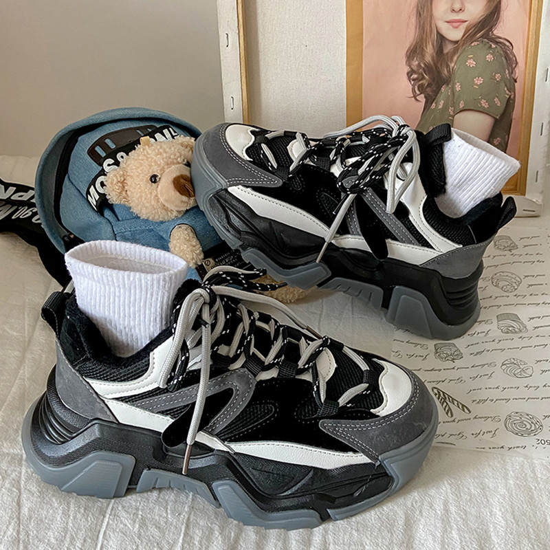 Toamnă, primăvară, pantofi tenis casual pentru femei, pantofi cu platformă la modă, cu șireturi, pantofi de tenis pentru femei, în aer liber, încălțăminte vulcanizată neagră