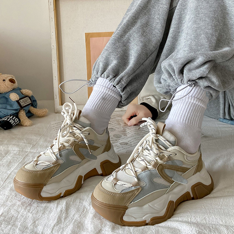 Toamnă, primăvară, pantofi tenis casual pentru femei, pantofi cu platformă la modă, cu șireturi, pantofi de tenis pentru femei, în aer liber, încălțăminte vulcanizată neagră