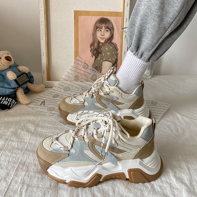 Toamnă, primăvară, pantofi tenis casual pentru femei, pantofi cu platformă la modă, cu șireturi, pantofi de tenis pentru femei, în aer liber, încălțăminte vulcanizată neagră