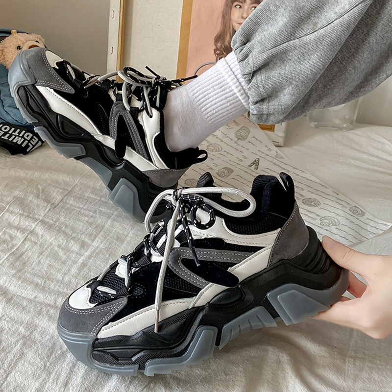 Toamnă, primăvară, pantofi tenis casual pentru femei, pantofi cu platformă la modă, cu șireturi, pantofi de tenis pentru femei, în aer liber, încălțăminte vulcanizată neagră