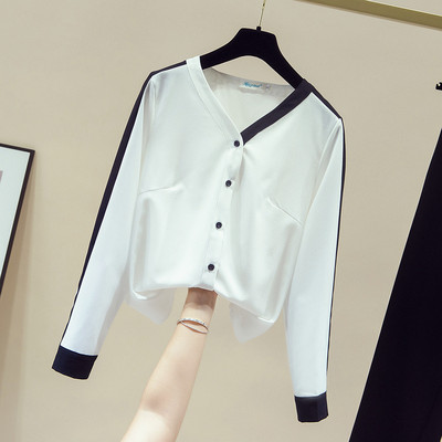 Moteriški korėjietiški madingi drabužiai V formos iškirpte, vienspalviai laisvi marškinėliai Biuro moteriški pavasario ir rudens šifoniniai marškiniai ir palaidinė Blusas 11155