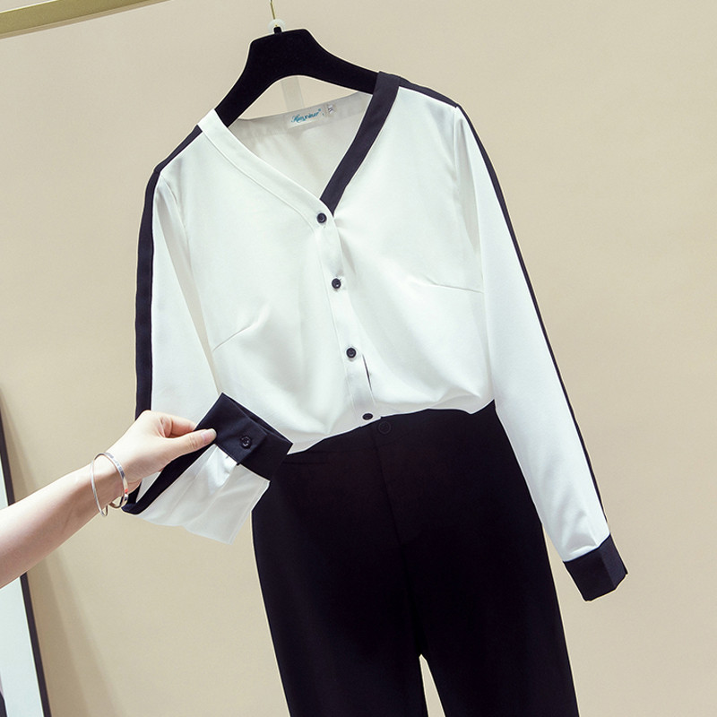 Moteriški korėjietiški madingi drabužiai V formos iškirpte, vienspalviai laisvi marškinėliai Biuro moteriški pavasario ir rudens šifoniniai marškiniai ir palaidinė Blusas 11155