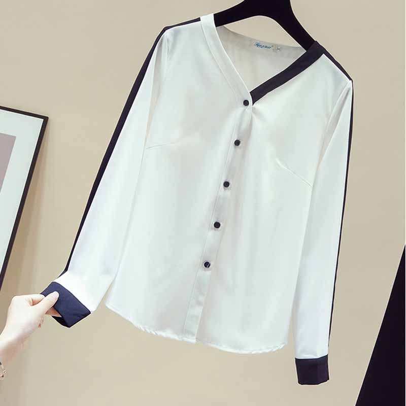 Moteriški korėjietiški madingi drabužiai V formos iškirpte, vienspalviai laisvi marškinėliai Biuro moteriški pavasario ir rudens šifoniniai marškiniai ir palaidinė Blusas 11155