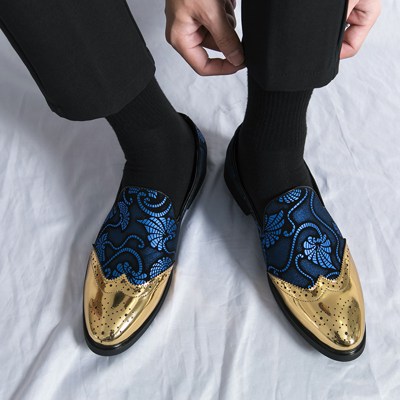 Νέα ανδρικά δερμάτινα παπούτσια για ανδρικά πολυτελή βρετανικά χρυσά μπλε εθνικά μοτίβα Oxfords Classic Gentleman Wedding Prom Loafers