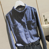 Proljeće jesen Korejska modna ženska traper košulja dugih rukava s otvorenim ovratnikom Usklađena ležerna tamnoplava bluza s dva džepa V64