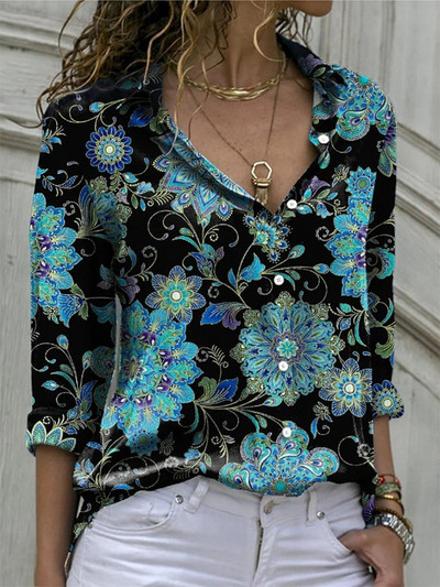 Bluze cu imprimeu pentru femei 2022, la modă, cu guler răsturnat, cu mânecă lungă, bluză ocazională elegantă, cămăși de birou pentru femei