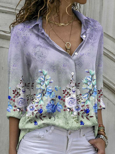 Bluze cu imprimeu pentru femei 2022, la modă, cu guler răsturnat, cu mânecă lungă, bluză ocazională elegantă, cămăși de birou pentru femei