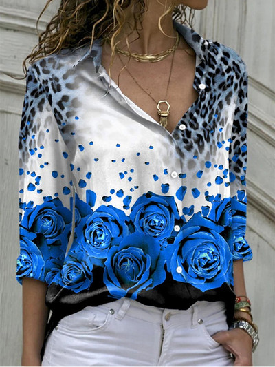 Bluze cu imprimeu pentru femei 2022, la modă, cu guler răsturnat, cu mânecă lungă, bluză ocazională elegantă, cămăși de birou pentru femei