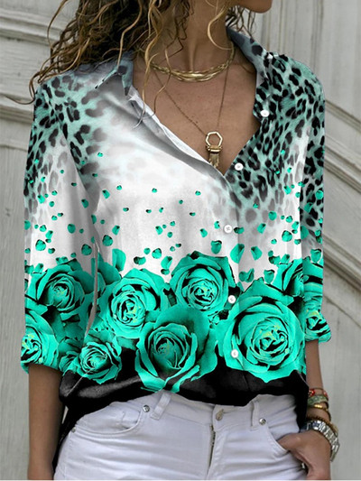 Bluze cu imprimeu pentru femei 2022, la modă, cu guler răsturnat, cu mânecă lungă, bluză ocazională elegantă, cămăși de birou pentru femei