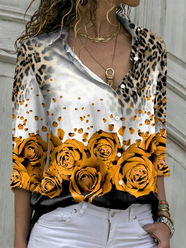 Bluze cu imprimeu pentru femei 2022, la modă, cu guler răsturnat, cu mânecă lungă, bluză ocazională elegantă, cămăși de birou pentru femei