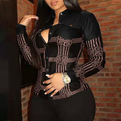 Gornji dijelovi košulje od PU kože s houndstoothom za žene 2022., modna, proljetna i jesenska, uska ženska košulja s jednim kopčanjem na rever