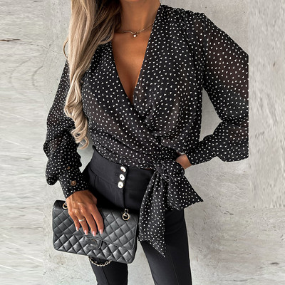 Γυναικείο πουκάμισο με λαιμόκοψη V, Σέξι πουκάμισο με γάζα, στενό, casual, χαλαρό, μακρυμάνικο, φθηνό, παραλία, άνοιξη