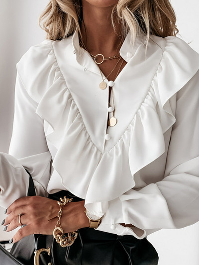 Γυναικεία κομψά πουκάμισα μπλούζα με βολάν Μπλούζες λεοπάρ γυναικείες πουά 2022 Καλοκαίρι με μακρυμάνικο V λαιμόκοψη Γυναικείες μπλούζες