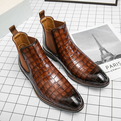 Καφέ Μπότες Chelsea Crocodile Pattern Μαύρες κοντές μπότες επαγγελματικές στρογγυλές μύτης Δωρεάν αποστολή Zapatos Para Moto Hombre