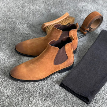 New In Men Chelsea Boots καφέ Flock Round Toe Slip-On Business Χειροποίητες ανδρικές μπότες Δωρεάν αποστολή Botas De Hombre