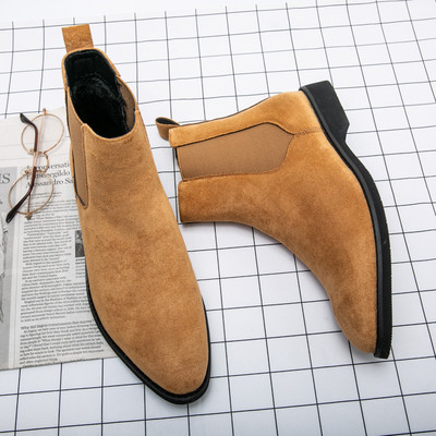 New In Men Chelsea Boots καφέ Flock Round Toe Slip-On Business Χειροποίητες ανδρικές μπότες Δωρεάν αποστολή Botas De Hombre