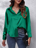 Moteriški laisvalaikio satino marškiniai, marškiniai ilgomis rankovėmis su apvaliu kaklu ir sagomis, visais metų laikais populiarūs šilko marškiniai, balti ir žali