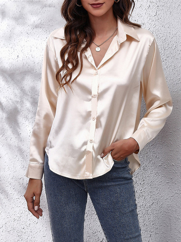 Moteriški laisvalaikio satino marškiniai, marškiniai ilgomis rankovėmis su apvaliu kaklu ir sagomis, visais metų laikais populiarūs šilko marškiniai, balti ir žali