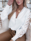 Divatos V-nyakú, hosszú csipkeujjú fehér blúz, női 2022. ősz, üreges kivarrással, elegáns felsők Vintage női ing Blusas 23338