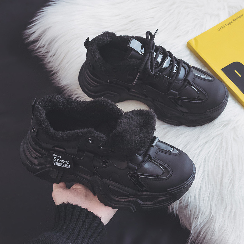 Χειμερινά μαύρα δερμάτινα πάνινα παπούτσια με χοντρή σόλα, αδιάβροχη κορδόνια casual γυναικεία παπούτσια 2023 New Fashion Slip On Walking shoes