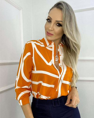 Ανοιξιάτικο φθινόπωρο Γυναικείες vintage στάμπες Slim μπλούζα Lady μακρυμάνικο πουκάμισα πολυτελείας με κουμπιά Blusa γραφείο με γυριστό γιακά casual μπλουζάκια