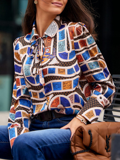 2023 Office Lady Geomrtric Print szatén ing állvány nyakban masni fűzős, hosszú ujjú, laza, alkalmi női elegáns, elegáns blúz felsők