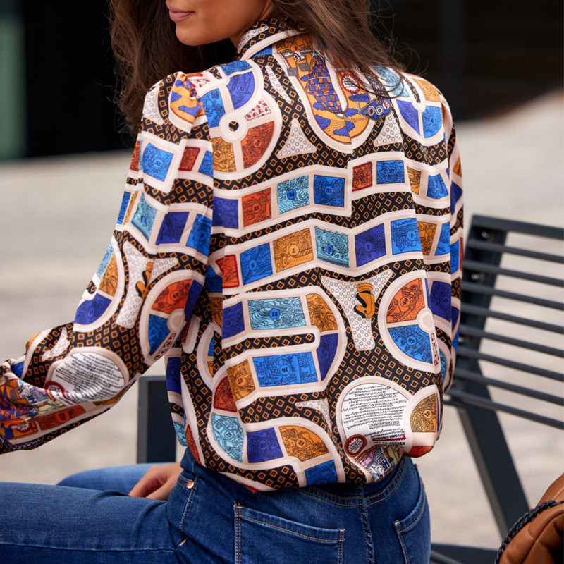 2023 Uredska dama Geomrtric Print Satenska košulja sa stojećim vratom i mašnom na vezanje dugih rukava Labava ležerna ženska elegantna šik majica