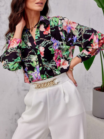 2022 m. rudens gėlių palaidinės su viena krūtine ilgomis rankovėmis Oficialūs vintažiniai moteriški laisvalaikio marškiniai Moteriški elegantiški laisvi marškiniai viršus