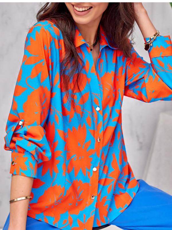 2022 m. rudens gėlių palaidinės su viena krūtine ilgomis rankovėmis Oficialūs vintažiniai moteriški laisvalaikio marškiniai Moteriški elegantiški laisvi marškiniai viršus