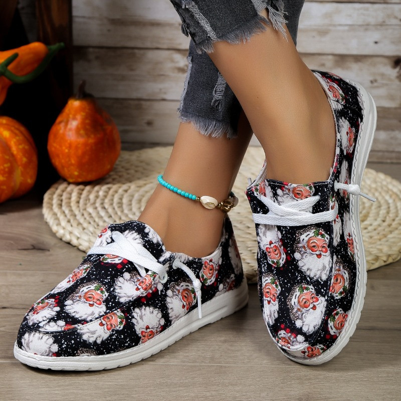 Pantofi de Crăciun Pantofi de pânză pentru femeie singuratic Toamnă 2024 Moș Crăciun imprimeu Moda Respirabil Casual Pantofi plati Cadouri de Anul Nou
