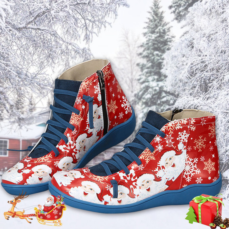 Cizme de zăpadă de iarnă pentru femei, din , glezne, pantofi plati de primăvară, imprimate 3D, colorate asortate, cizme plate de Crăciun cu fermoar lateral