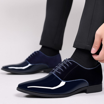 Мъжки бизнес официални кожени обувки Лачени ниски мъжки сватбени обувки Сини черни Оксфордски остри офис мъжки обувки