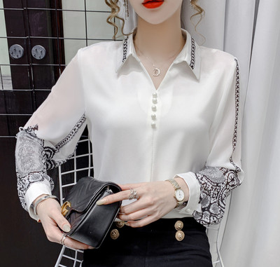 2023 Άνοιξη Καλοκαίρι Νέο γιακά με πέταλα Γυναικείο πουκάμισο σιφόν Μακρυμάνικο λουλουδάτο εμπριμέ μπλουζάκι Fashion Office γυναικεία μπλούζα