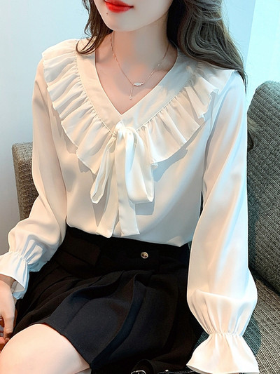 Bluză de toamnă pentru femei, cu mânecă lungă, cu volane, cu decolteu în V, bluză albă, cămașă, bluze, femei, bluze, pentru femei, de modă, 2023, bluze, cămăși Blusa G219