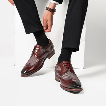 Мъжки ретро платнени PU кожени издълбани остри пръсти Оксфордски обувки с връзки Броги Сватбени бизнес обувки на платформа Мъжки обувки с рокля