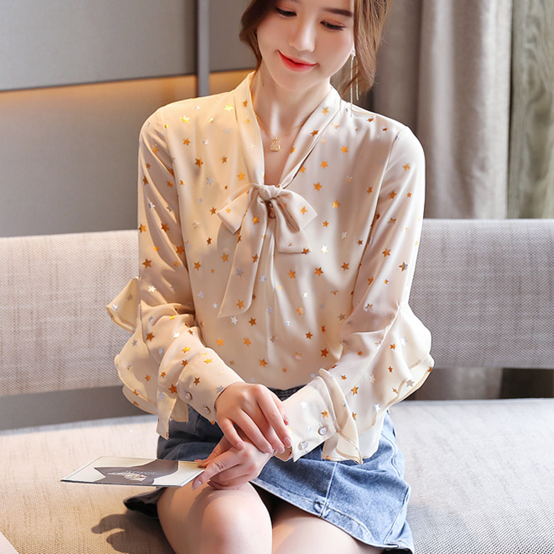 Blúz Női Blusas Mujer De Moda 2023 Hosszú ujjú női blúzok Ingek felsők Fodor masni V-nyakú sifon blúz ing Blusa D447