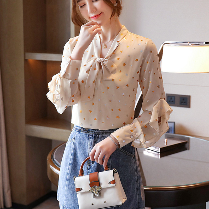 Blúz Női Blusas Mujer De Moda 2023 Hosszú ujjú női blúzok Ingek felsők Fodor masni V-nyakú sifon blúz ing Blusa D447