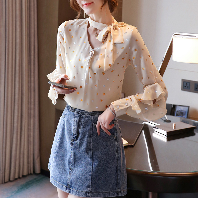 Blúz Női Blusas Mujer De Moda 2023 Hosszú ujjú női blúzok Ingek felsők Fodor masni V-nyakú sifon blúz ing Blusa D447